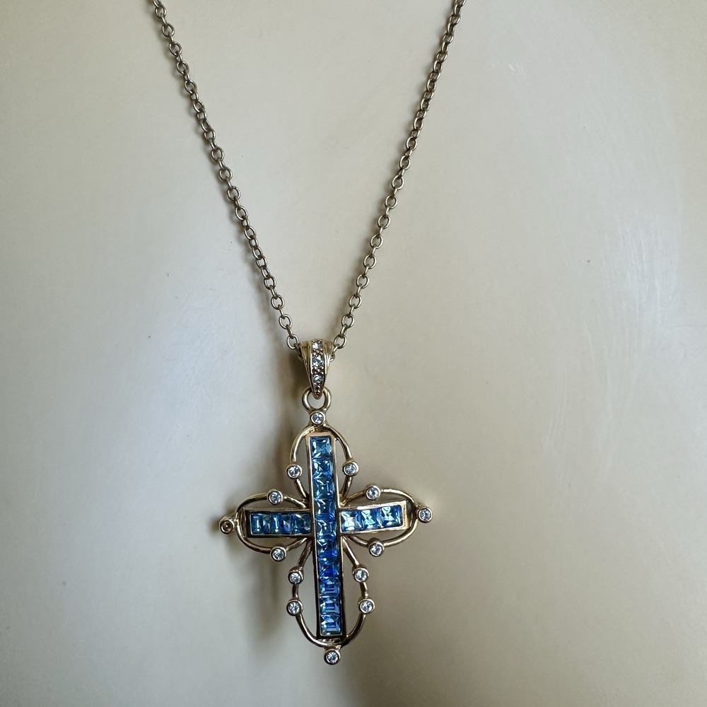 Camrose Kross JBK Pendant Necklace 21 Inch Blue Crystals Gold Plated Signed